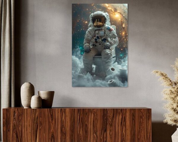 Astronaut auf Toilette im Raumanzug, humorvolles Posterbild