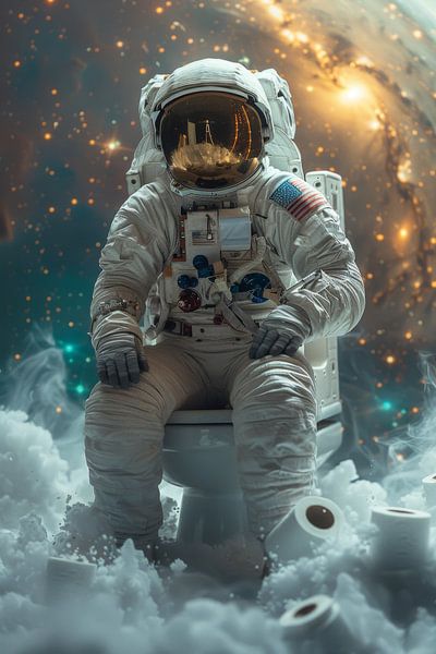 Astronaut auf Toilette im Raumanzug, humorvolles Posterbild