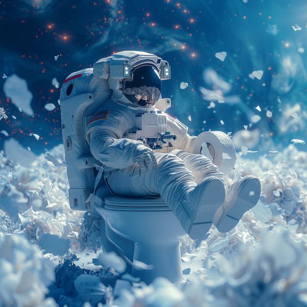 Astronaut mit Sicherheitsgurt auf Toilette im All