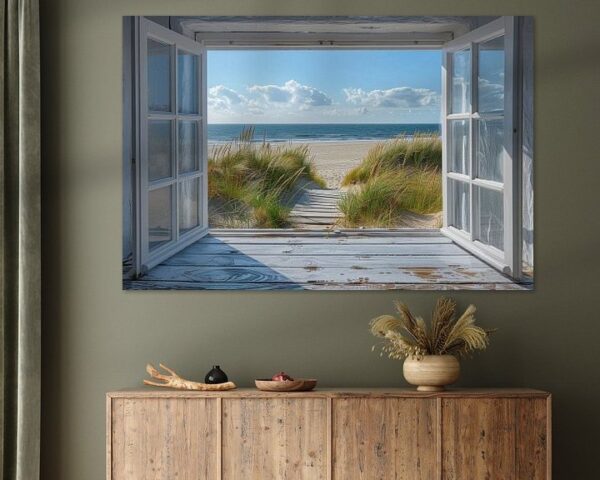 Ausblick Durch Weißes Fenster Auf Strand Und Meer