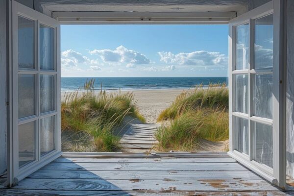 Ausblick Durch Weißes Fenster Auf Strand Und Meer