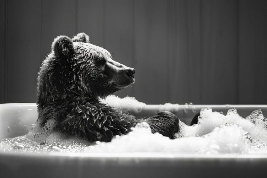 Badezimmer Bild: Gelassener Bär im Schaumbad