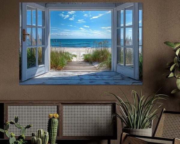 Blick Durch Offenes Fenster auf Sandstrand und Meer