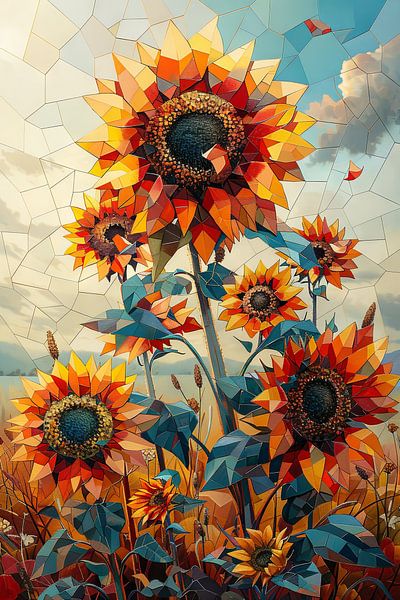 Bunte Geometrische Sonnenblumen mit Abstraktem Hintergrund