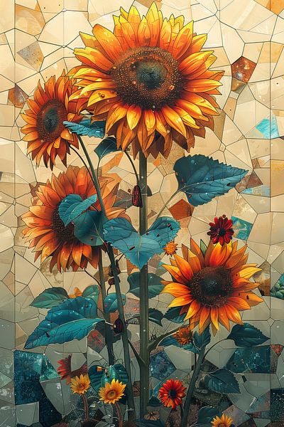 Bunte Sonnenblumen mit geometrischer Hintergrundkunst