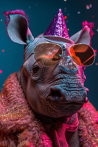 Buntes Nashorn im 70er Jahre Disco Geburtstags-Outfit