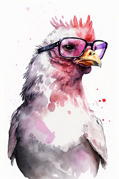 Charmantes Huhn mit Pinker Sonnenbrille und Wasserfarben