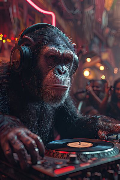 Cool Monkey DJ at Club With Oversized Headphones