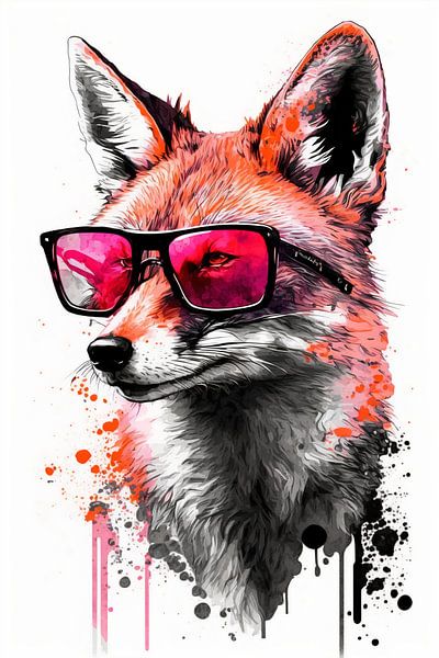 Cooler Fuchs mit Pinker Sonnenbrille und Wasserfarben