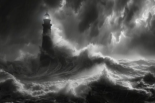 Dramatischer Küstenleuchtturm mit stürmischer See und dunklem Himmel