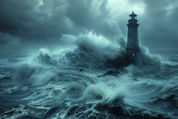 Dramatischer Leuchtturm bei stürmischer Nacht im Meer