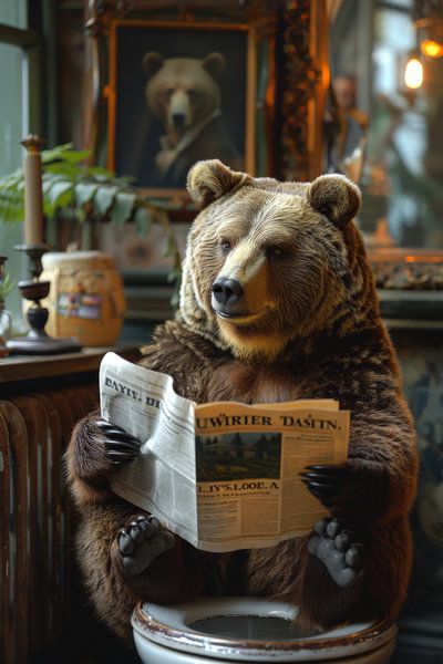 Ein Bär Als König mit Zeitung im Badezimmer