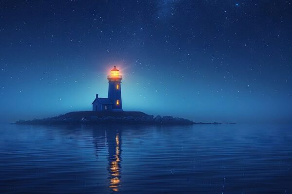 Einsamer Leuchtturm bei Nacht unter Sternenhimmel