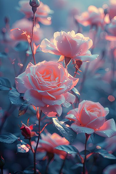 Elegante Rosen im Garten bei Dämmerung mit Wassertropfen