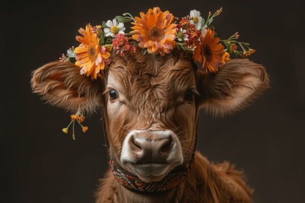 Eleganz des Schwarzwalds: Kuh mit Blumenschmuck - Eine charmante Fotografie für das rustikale Zuhause