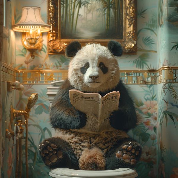 Entspannter Panda beim Lesen auf der Toilette