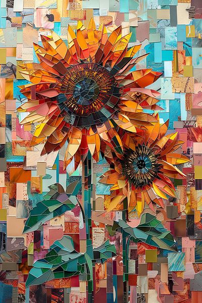 Farbenfrohe Sonnenblumen-Collage Mit Geometrischen Formen