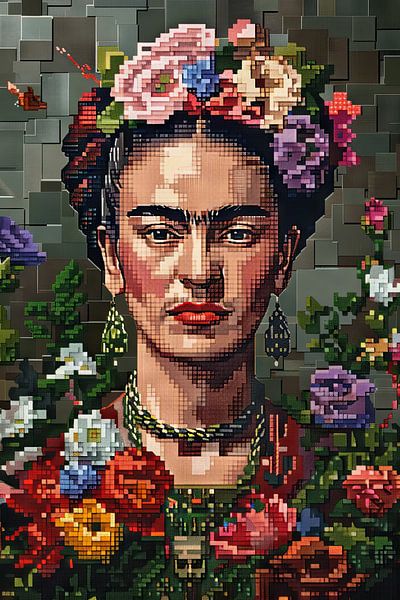 Fridas digitale Blumenkrone – Pixelkunst-Porträt