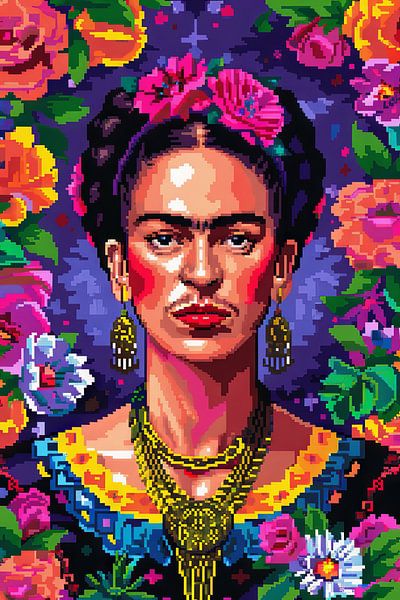 Fridas digitale Blumenkrone – Pixelkunst-Porträt