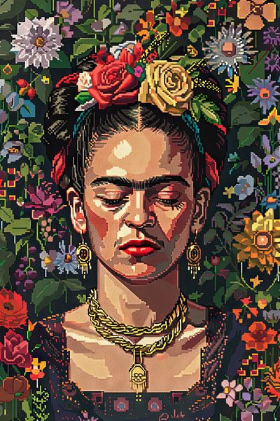 Fridas digitale Blumenkrone – Pixelkunst-Porträt