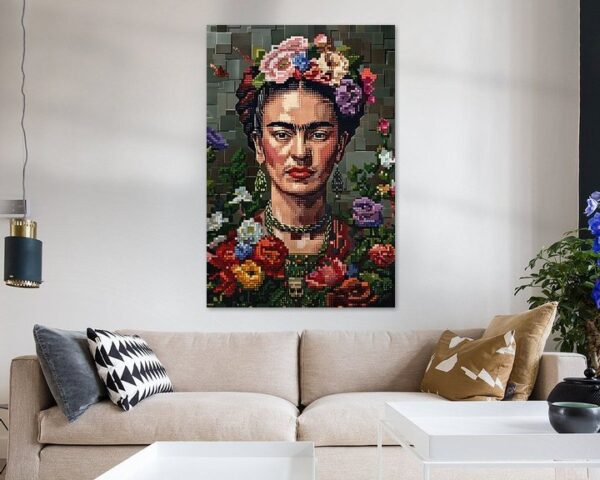 Fridas digitale Blumenkrone – Pixelkunst-Porträt