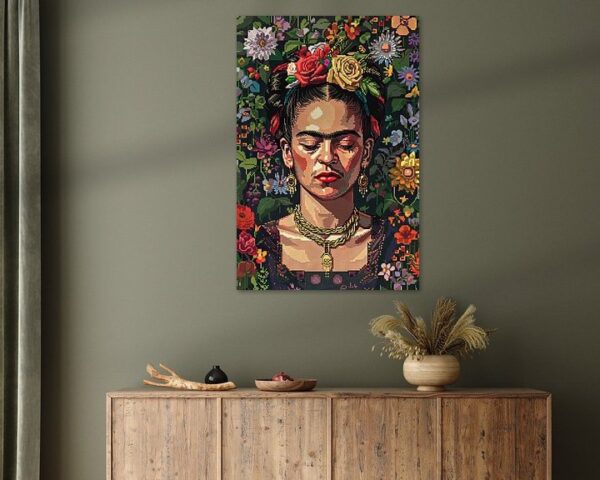 Fridas digitale Blumenkrone – Pixelkunst-Porträt