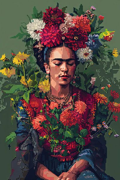 Fridas digitale Blumenkrone – Pixelkunst-Porträt für Retro-Kunst Enthusiasten und Sammler