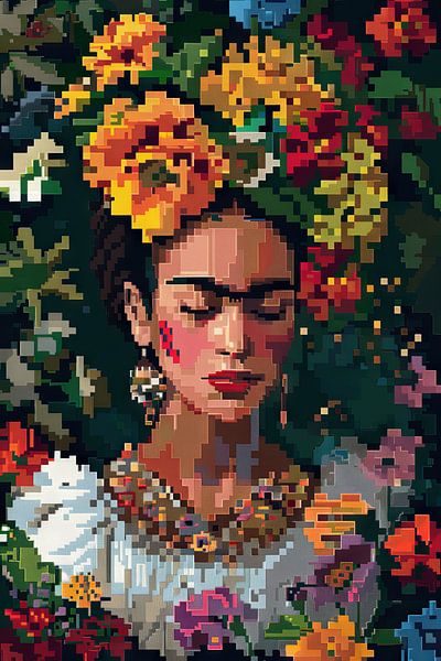 Fridas digitale Blumenkrone – Pixelkunst-Porträt für Retro-Kunst Enthusiasten und Sammler