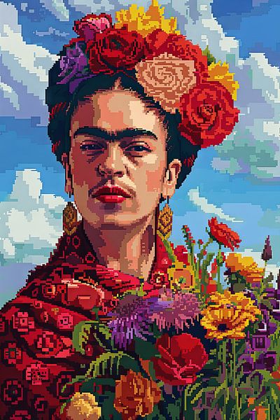 Fridas digitale Blumenkrone – Pixelkunst-Porträt für Retro-Kunst Enthusiasten und Sammler