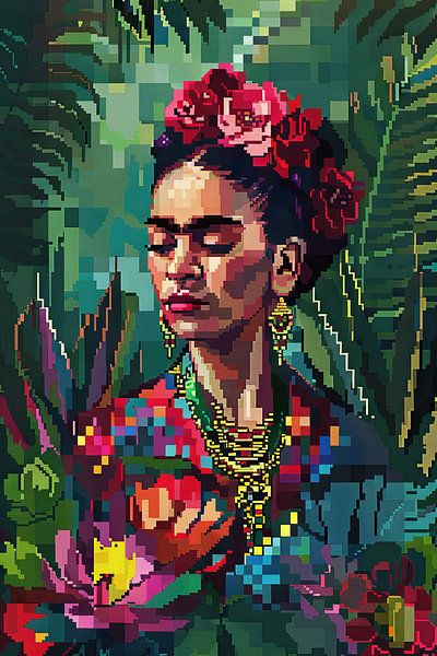 Fridas digitale Blumenkrone – Pixelkunst-Porträt für Retro-Kunst Enthusiasten und Sammler