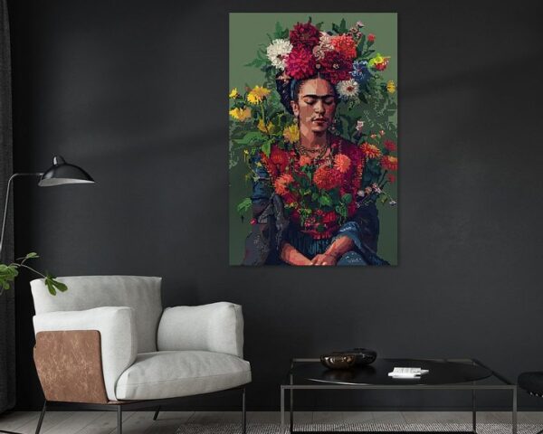 Fridas digitale Blumenkrone – Pixelkunst-Porträt für Retro-Kunst Enthusiasten und Sammler