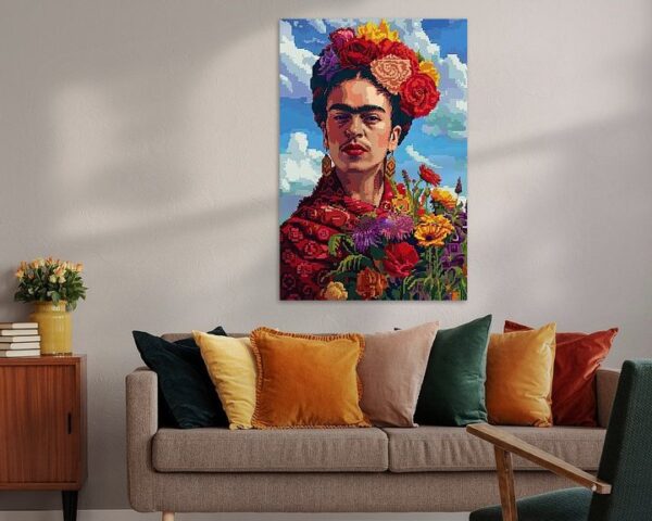 Fridas digitale Blumenkrone – Pixelkunst-Porträt für Retro-Kunst Enthusiasten und Sammler