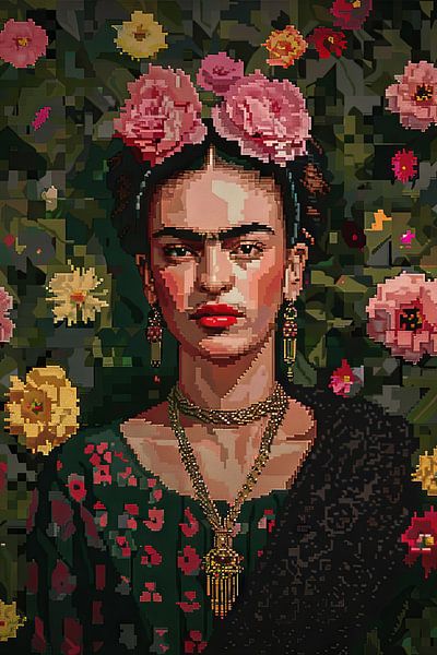 Fridas digitale Blumenkrone – Pixelkunst-Porträt für Retro-Kunst Enthusiasten und Sammler