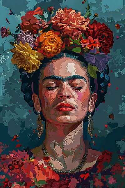 Fridas digitale Blumenkrone – Pixelkunst-Porträt