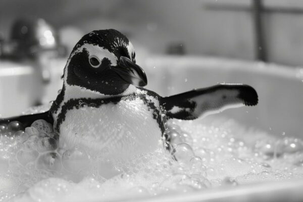 Fröhlicher Pinguin in der Badewanne - Ein bezauberndes Badezimmerbild für Ihr WC