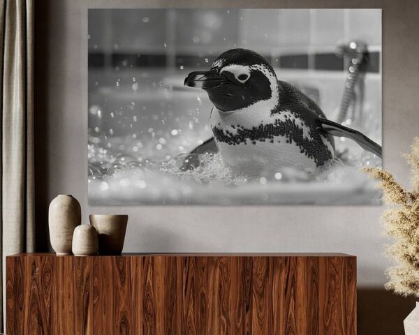 Fröhlicher Pinguin in der Badewanne - Ein bezauberndes Badezimmerbild für Ihr WC