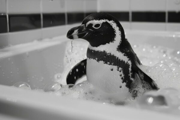 Fröhlicher Pinguin in der Badewanne - Ein bezauberndes Badezimmerbild für Ihr WC