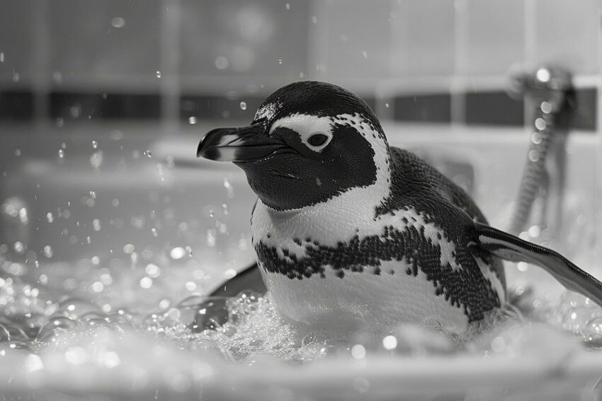 Fröhlicher Pinguin in der Badewanne - Ein bezauberndes Badezimmerbild für Ihr WC