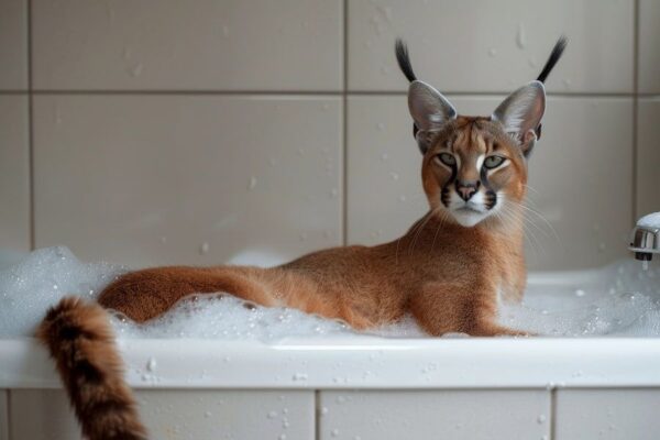 Gelassener Karakal Wüstenluchs in der Badewanne - Ein exotisches Badezimmer Bild