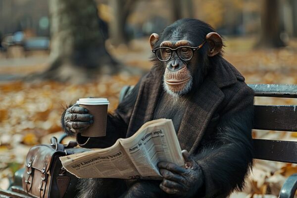 Geschäftiger Affe Mit Kaffee Und Zeitung Auf Parkbank