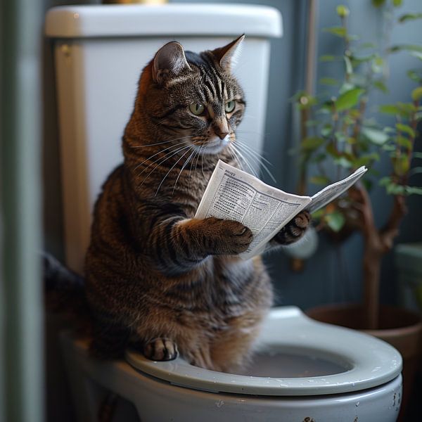 Getigerte Katze steht auf der Toilette und liest Zeitung