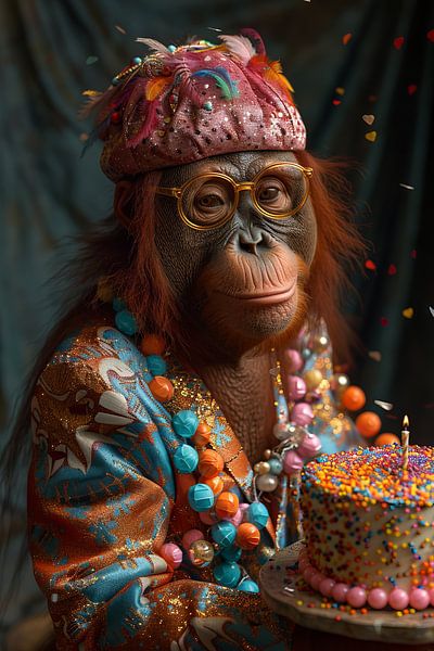 Humorvolles Bild mit Orang-Utan in 70er Jahre Disco-Outfit Geburtstag