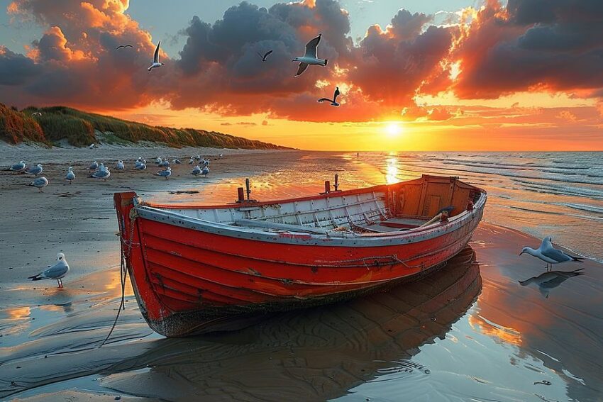 Idyllischer Sonnenuntergang über dem ruhigen Meer mit traditionellem Fischerboot