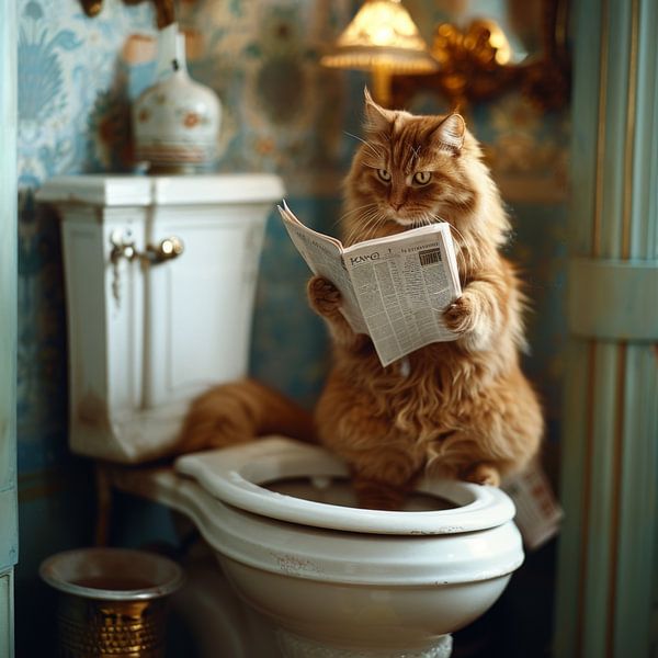 Katze liest Zeitung auf der Toilette, lustiges Badezimmer-Poster