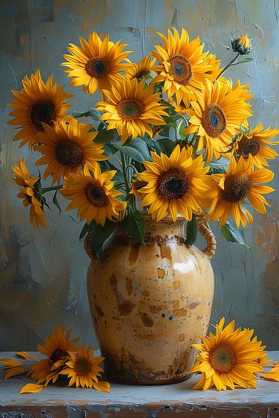 Klassisches Stillleben mit Sonnenblumen in Vase