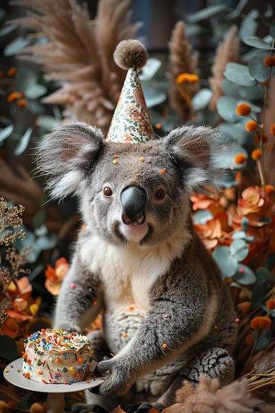 Koala Feiert Mit Geburtstagshut und Torte Lustiges Bild