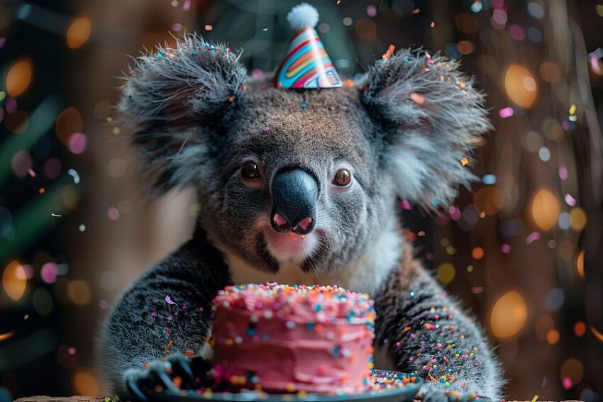 Koala mit Festlicher Mütze Feiert Lustigen Geburtstag