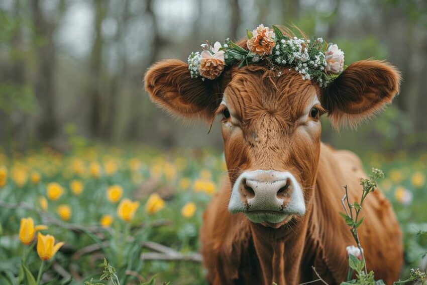 Kuhporträt mit Blumen