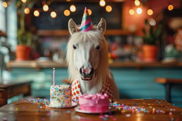 Lustige Geburtstagsfeier mit Pony in 60er 70er Disco Kleidung