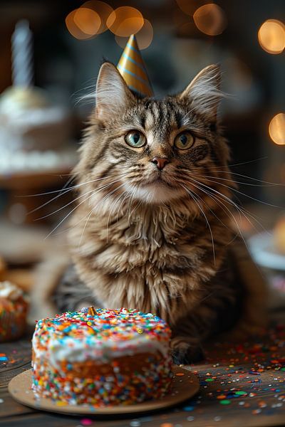 Lustige Katze Feiert Geburtstag mit Partyhut und Torte